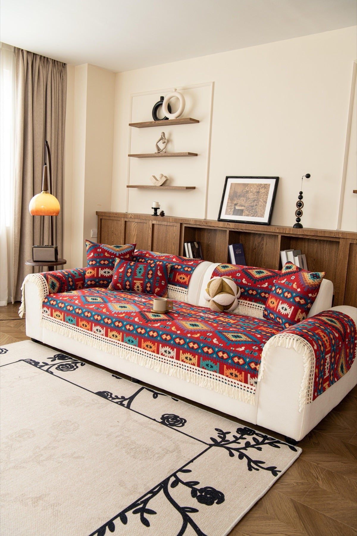 Sofa Decor Atlas Kilim Fringe Sofa Cover Piece - fabric texture and fringe detail for kilim fringe sofa cover piece in the UK, image 19