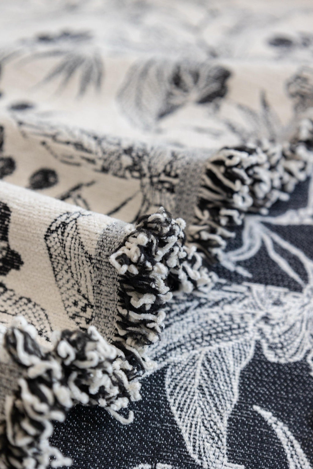 Sofa Decor Aurelia Fringed Floral Jacquard Sofa Throw Cover in Charcoal Bloom - jacquard floral fringe detail for patterned couch cover in the UK, image 24