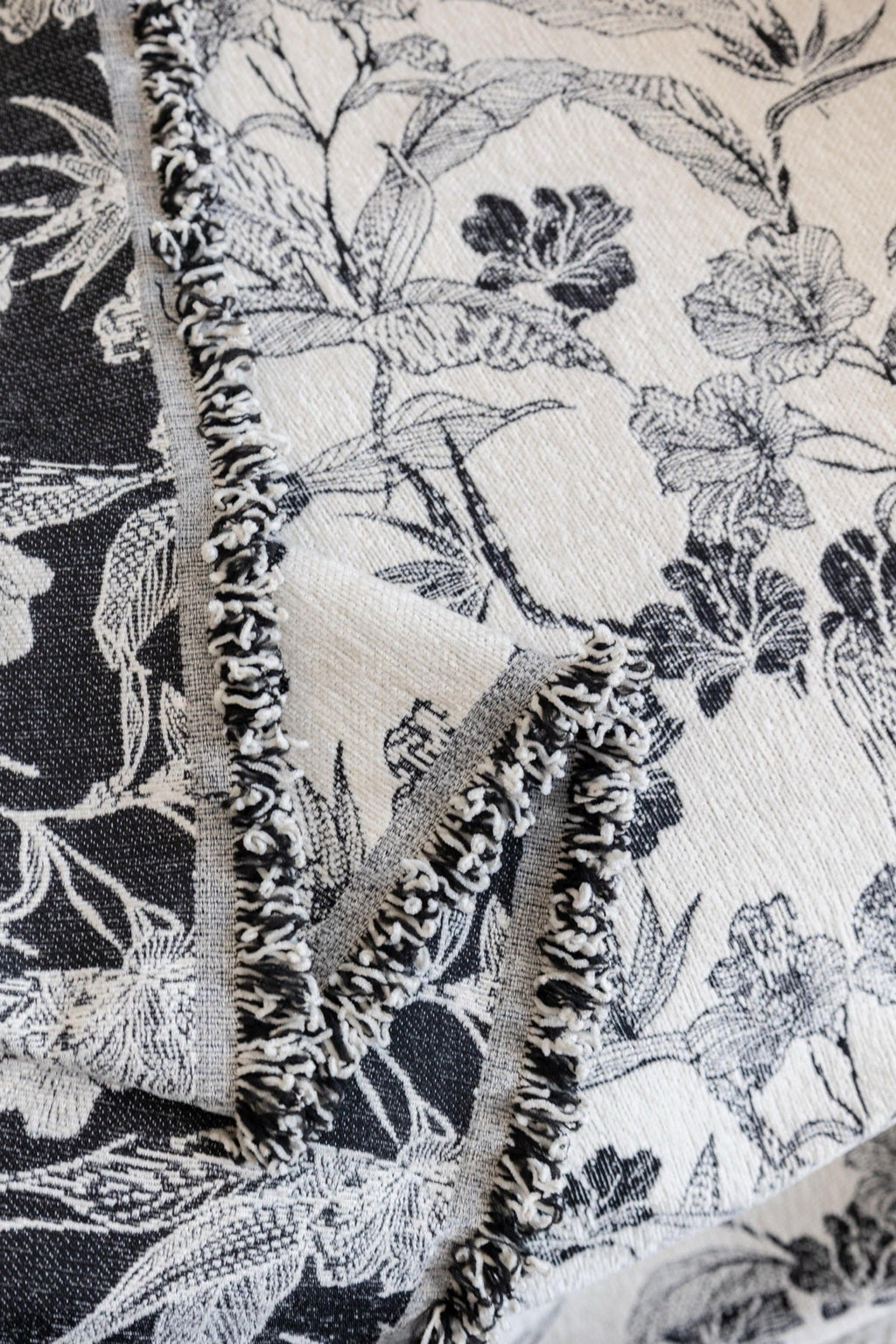 Sofa Decor Aurelia Fringed Floral Jacquard Sofa Throw Cover in Charcoal Bloom - jacquard floral fringe detail for patterned couch cover in the UK, image 23