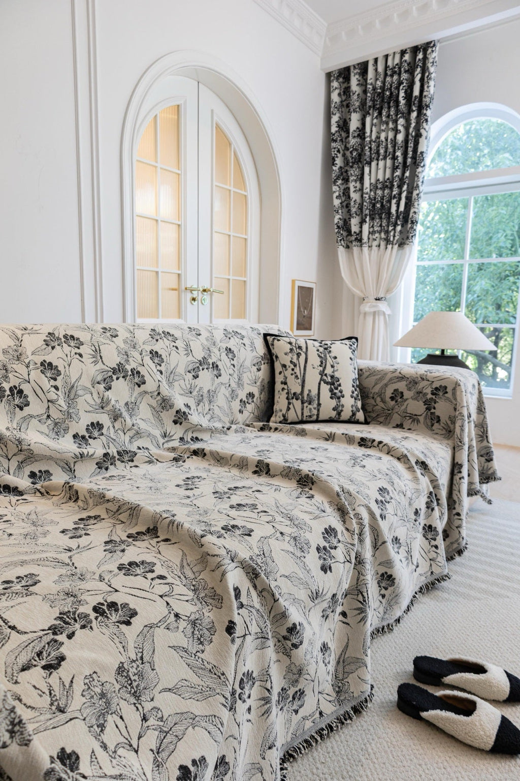 Sofa Decor Aurelia Fringed Floral Jacquard Sofa Throw Cover in Charcoal Bloom - full sofa throw cover styling for patterned couch cover in the UK, image 20