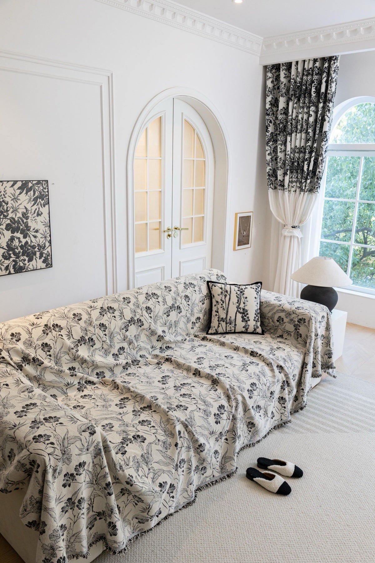 Sofa Decor Aurelia Fringed Floral Jacquard Sofa Throw Cover in Charcoal Bloom - full sofa throw cover styling for patterned couch cover in the UK, image 17