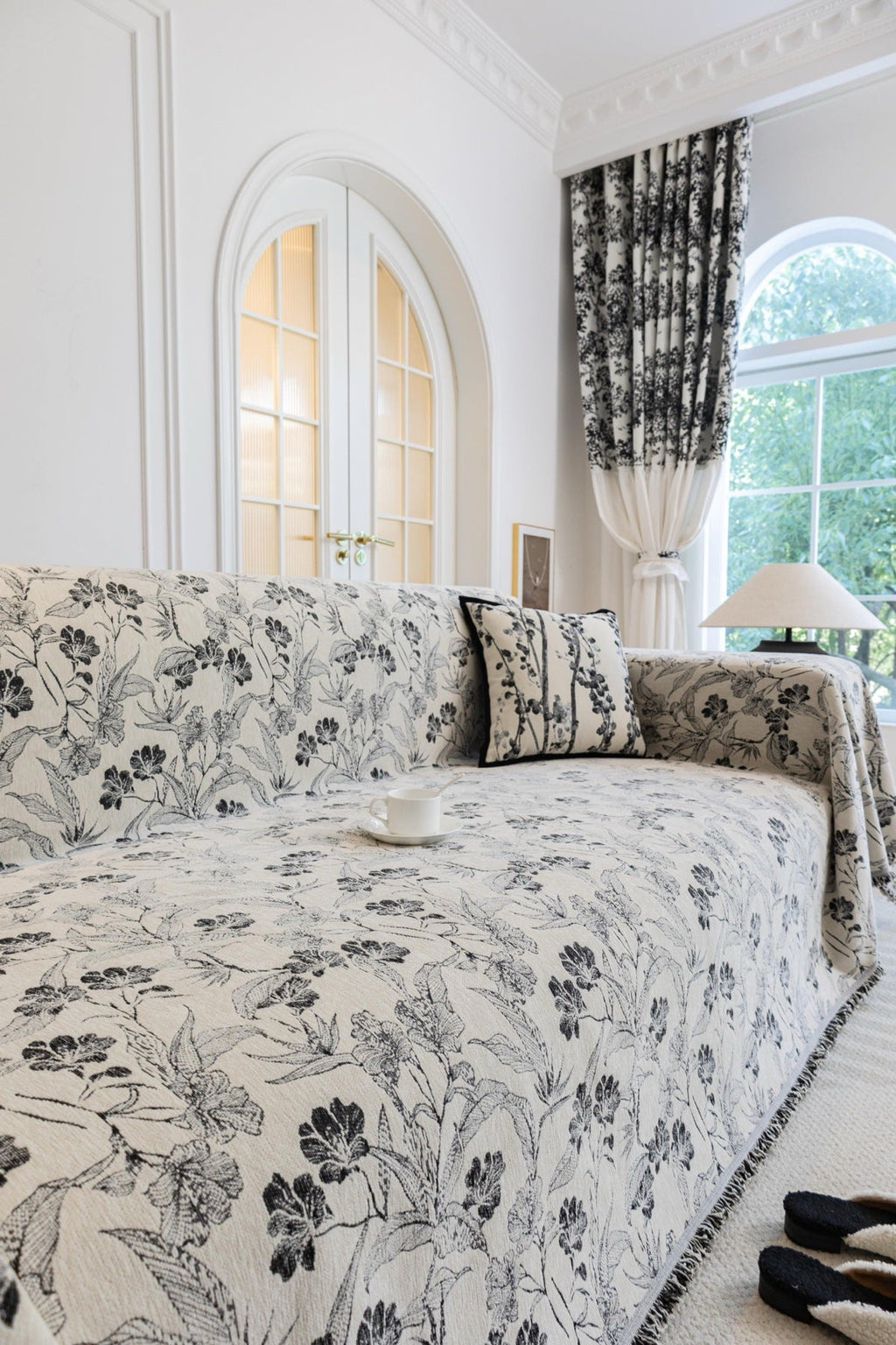 Sofa Decor Aurelia Fringed Floral Jacquard Sofa Throw Cover in Charcoal Bloom - styled floral jacquard sofa throw cover for patterned couch cover in the UK, image 18