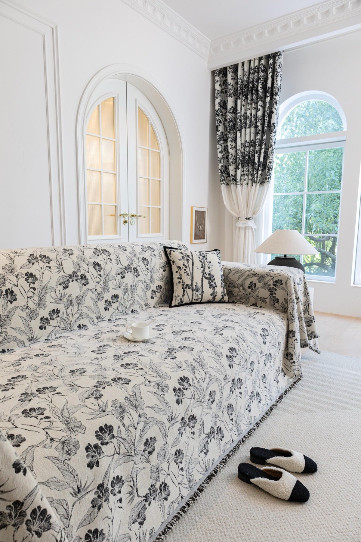 Sofa Decor Aurelia Fringed Floral Jacquard Sofa Throw Cover in Charcoal Bloom - styled floral jacquard sofa throw cover for patterned couch cover in the UK, image 19