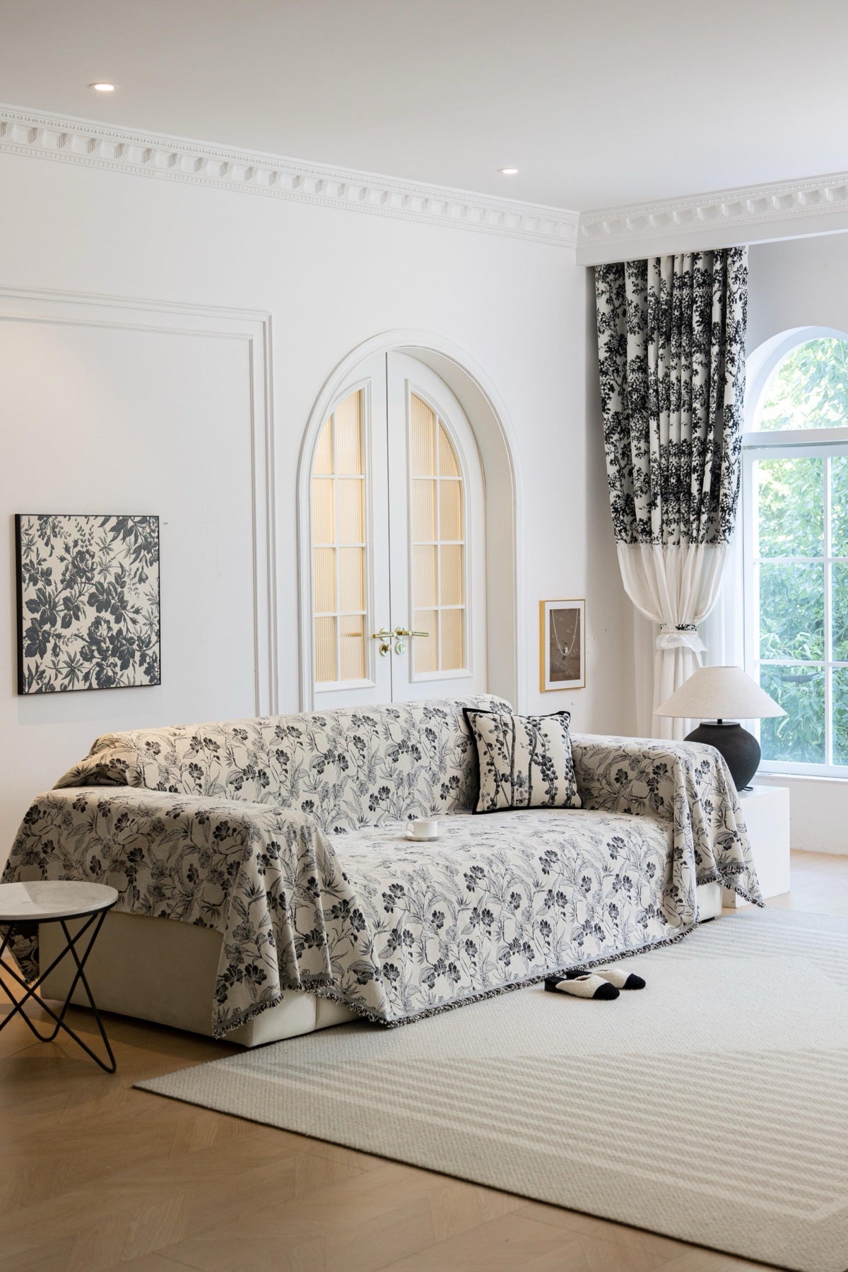 Sofa Decor Aurelia Fringed Floral Jacquard Sofa Throw Cover in Charcoal Bloom - full sofa throw cover styling for patterned couch cover in the UK, image 14