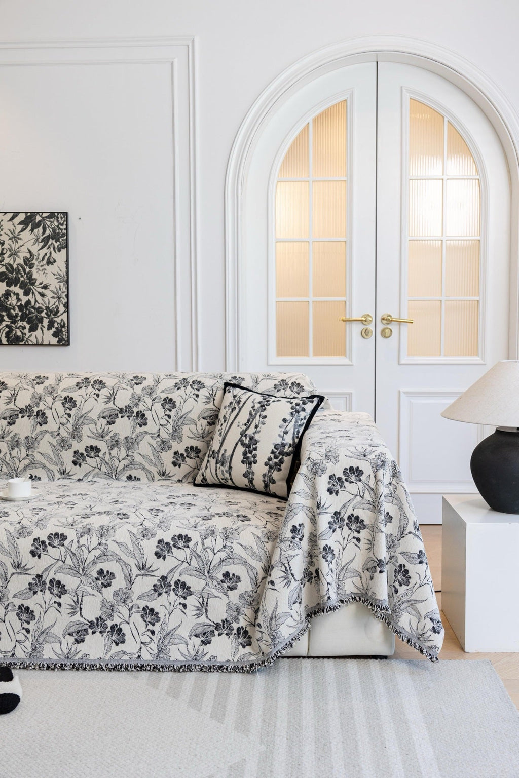 Sofa Decor Aurelia Fringed Floral Jacquard Sofa Throw Cover in Charcoal Bloom - full sofa throw cover styling for patterned couch cover in the UK, image 16