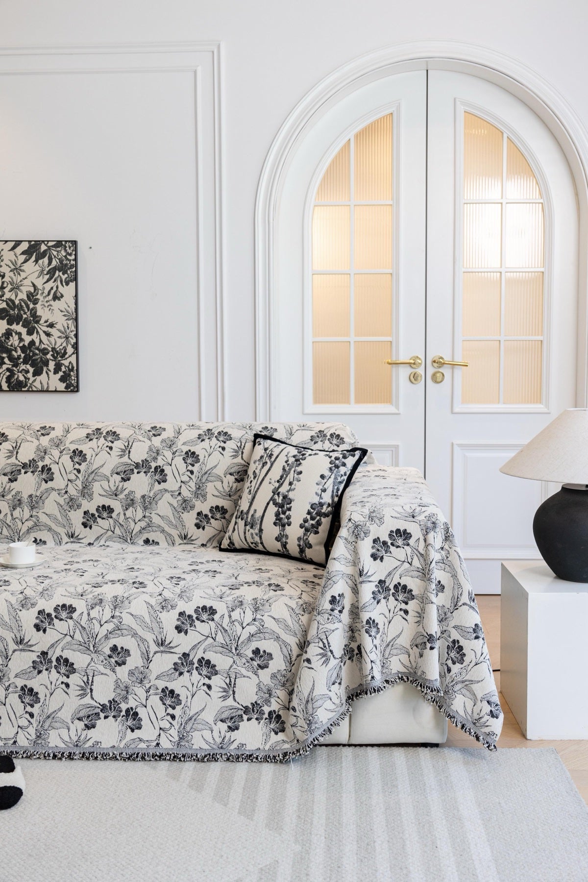 Sofa Decor Aurelia Fringed Floral Jacquard Sofa Throw Cover in Charcoal Bloom - full sofa throw cover styling for patterned couch cover in the UK, image 16