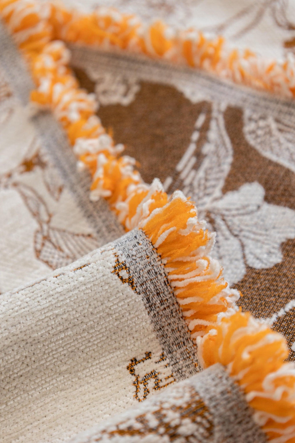Sofa Decor Aurelia Fringed Floral Jacquard Sofa Throw Cover in Ochre Bloom - jacquard floral fringe detail for patterned couch cover in the UK, image 13