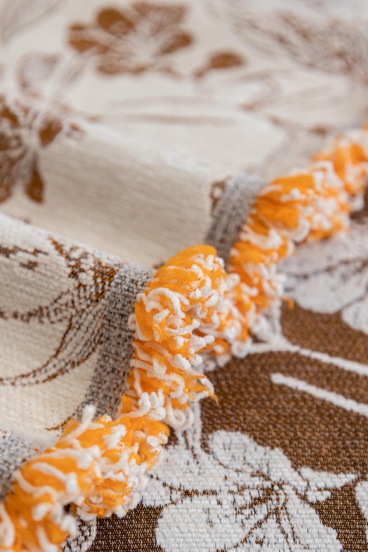 Sofa Decor Aurelia Fringed Floral Jacquard Sofa Throw Cover in Ochre Bloom - jacquard floral fringe detail for patterned couch cover in the UK, image 12