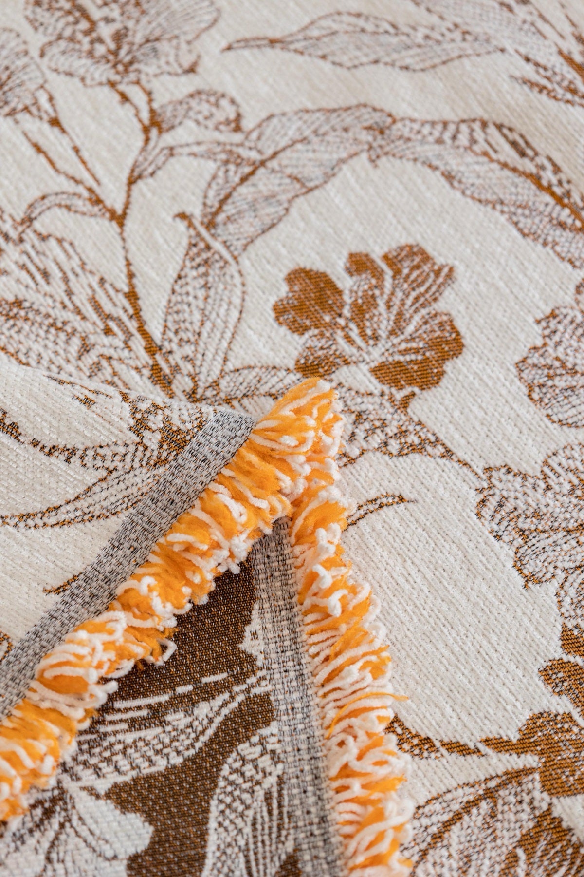 Sofa Decor Aurelia Fringed Floral Jacquard Sofa Throw Cover in Ochre Bloom - jacquard floral fringe detail for patterned couch cover in the UK, image 10