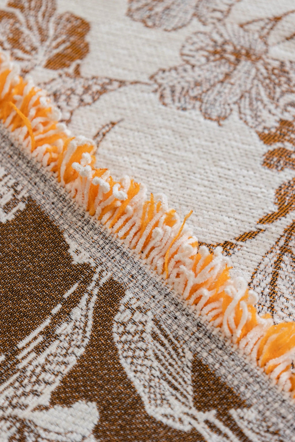 Sofa Decor Aurelia Fringed Floral Jacquard Sofa Throw Cover in Ochre Bloom - jacquard floral fringe detail for patterned couch cover in the UK, image 11