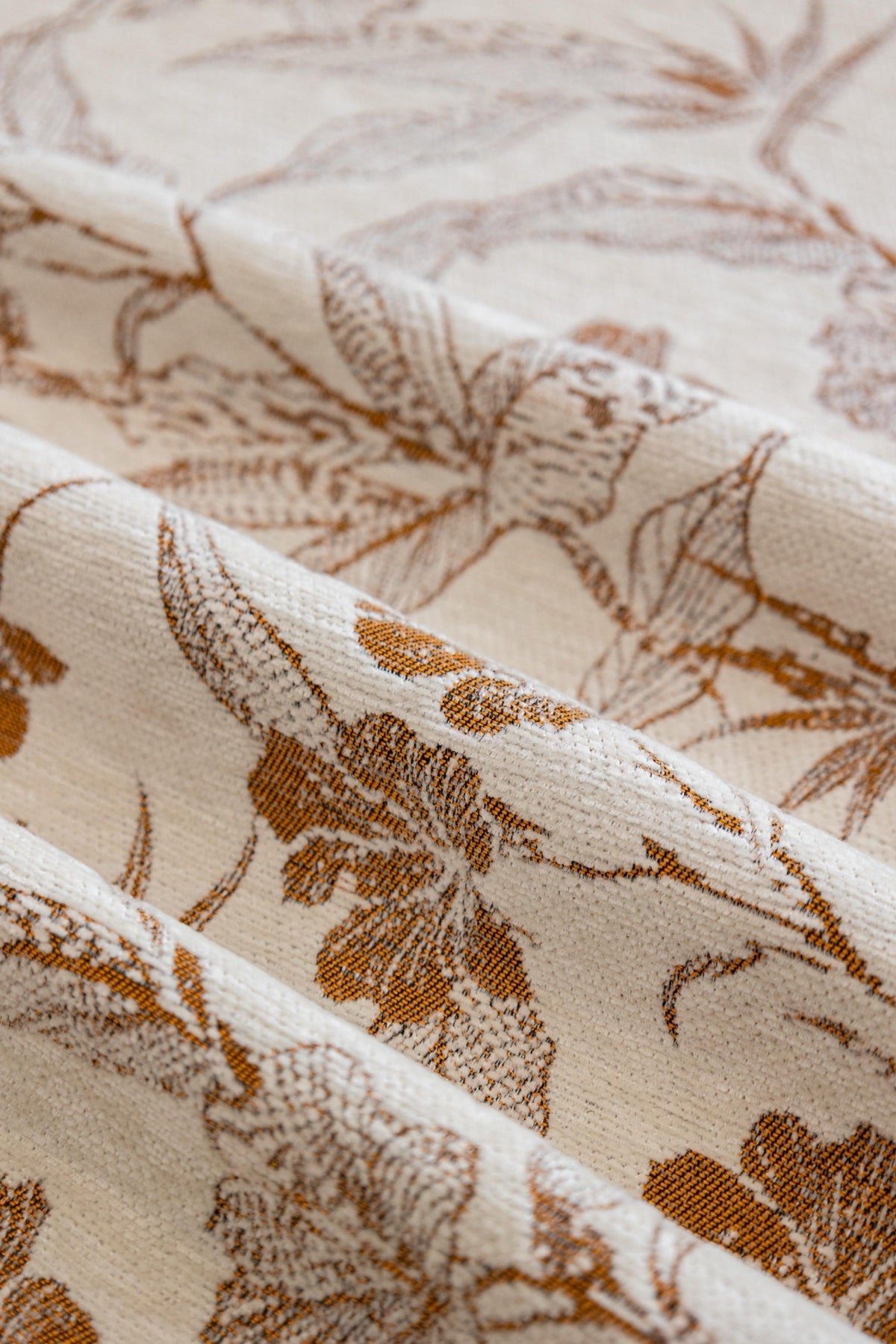 Sofa Decor Aurelia Fringed Floral Jacquard Sofa Throw Cover in Ochre Bloom - woven floral fabric closeup for patterned couch cover in the UK, image 9