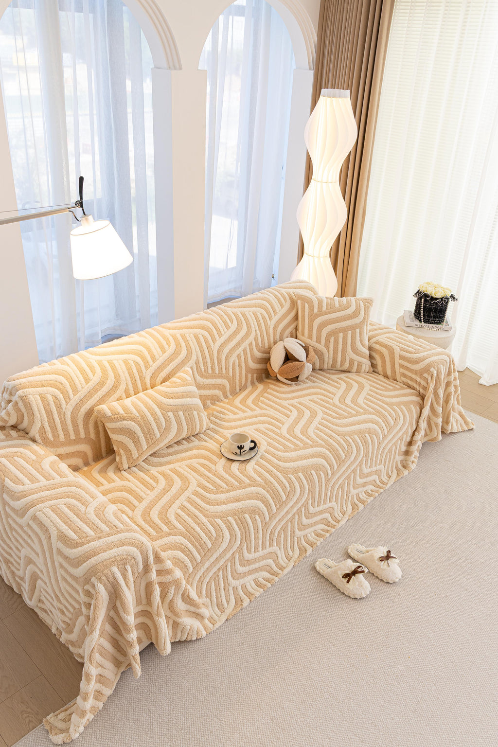 Sofa Decor Riviera Wave Stripe Sofa Cover in Beige Cream - styled sofa image for plush patterned couch covers in the UK
