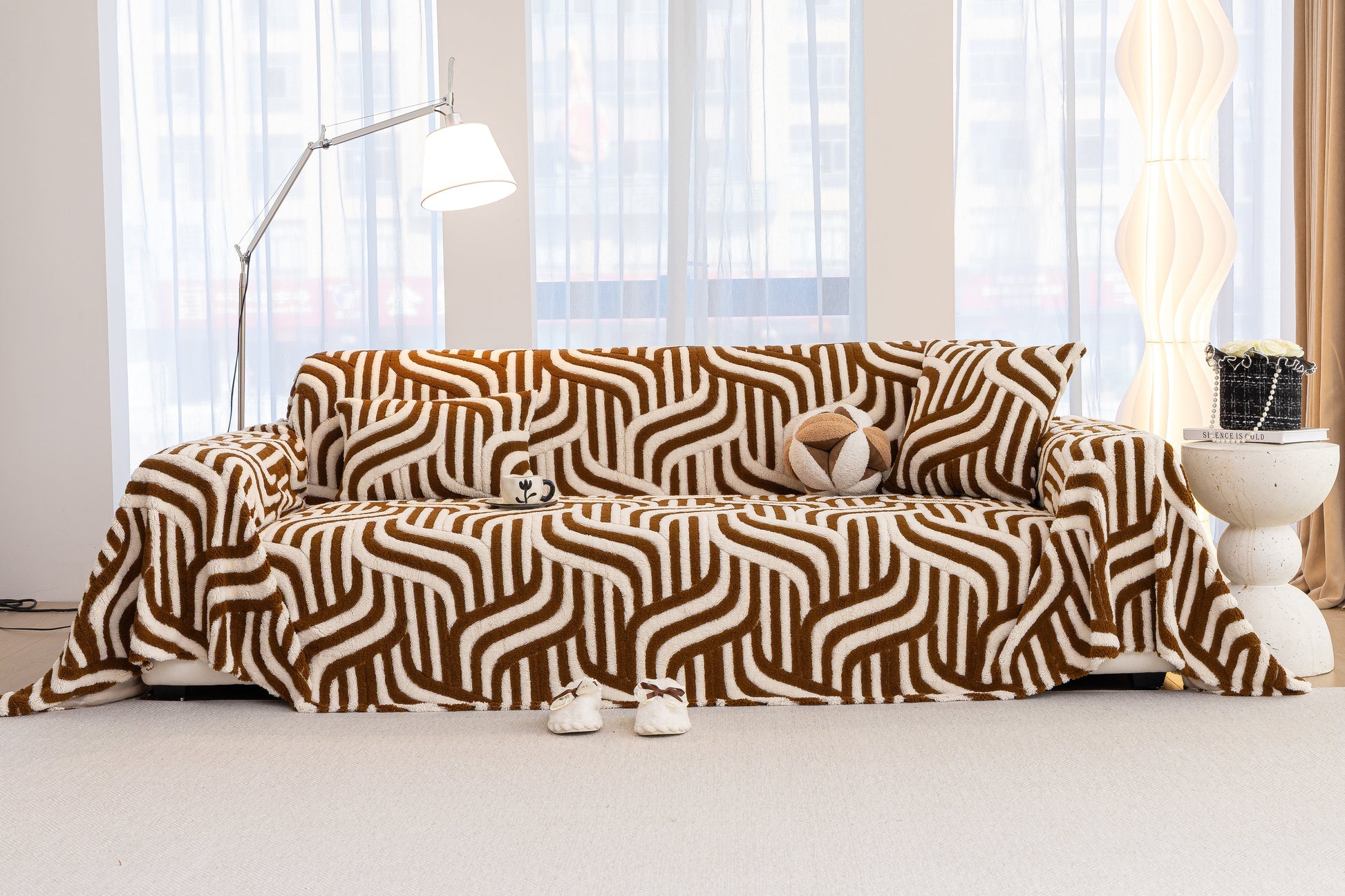 Sofa Decor Riviera Wave Stripe Sofa Cover in Brown Cream - wide sofa lifestyle image for plush patterned couch covers in the UK