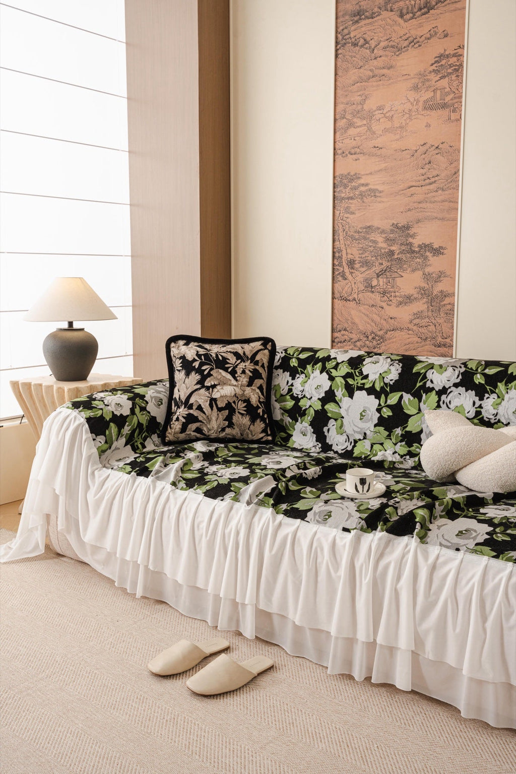 Sofa Decor Camellia Skirted Floral Sofa Throw Cover in Midnight Floral - styled skirted sofa throw for floral sofa throw covers in the UK