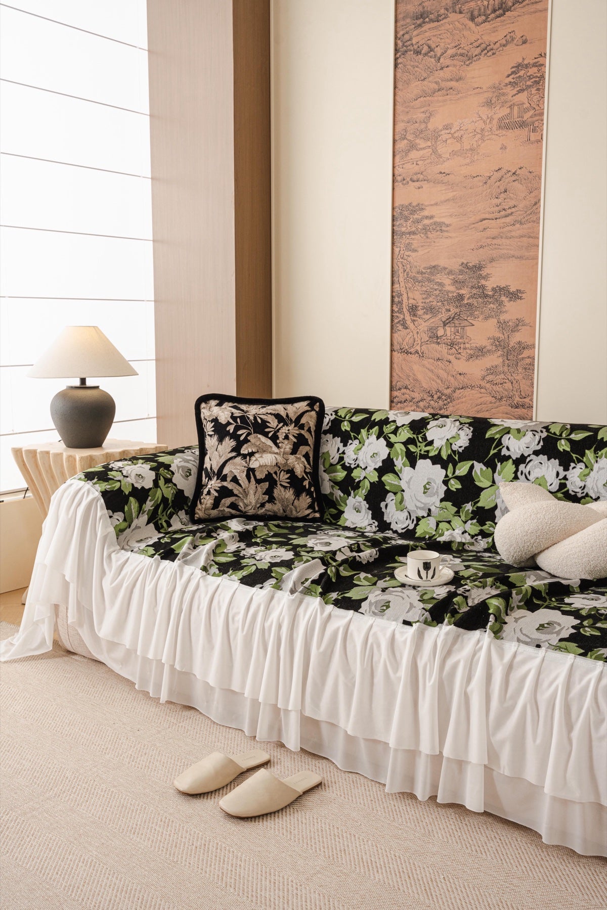 Sofa Decor Camellia Skirted Floral Sofa Throw Cover in Midnight Floral - styled skirted sofa throw for floral sofa throw covers in the UK