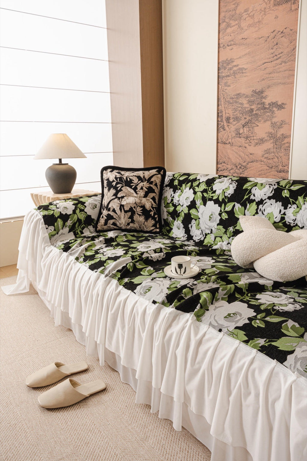 Sofa Decor Camellia Skirted Floral Sofa Throw Cover in Midnight Floral - styled skirted sofa throw for floral sofa throw covers in the UK