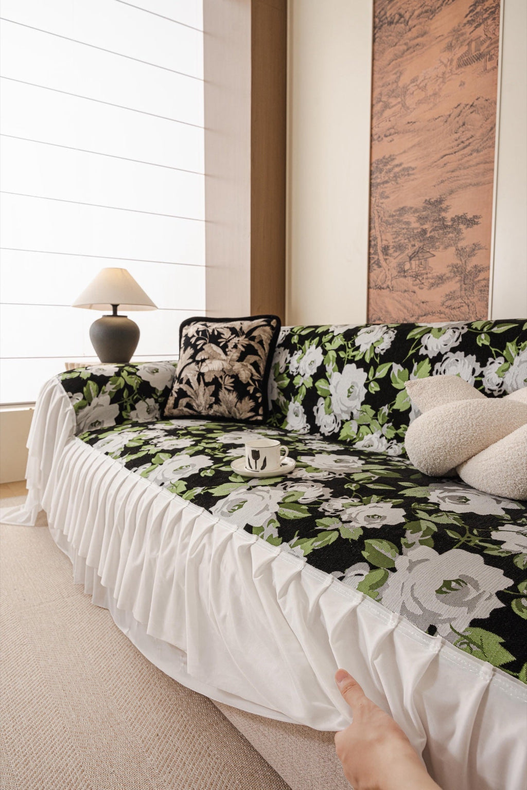 Sofa Decor Camellia Skirted Floral Sofa Throw Cover in Midnight Floral - styled skirted sofa throw for floral sofa throw covers in the UK