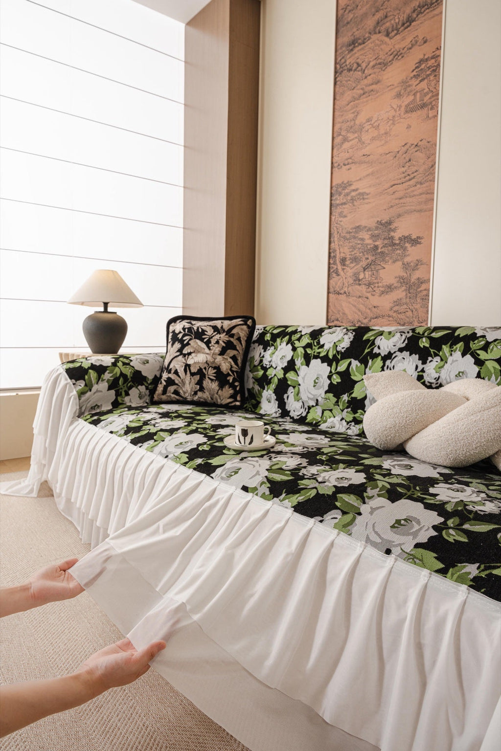 Sofa Decor Camellia Skirted Floral Sofa Throw Cover in Midnight Floral - styled skirted sofa throw for floral sofa throw covers in the UK