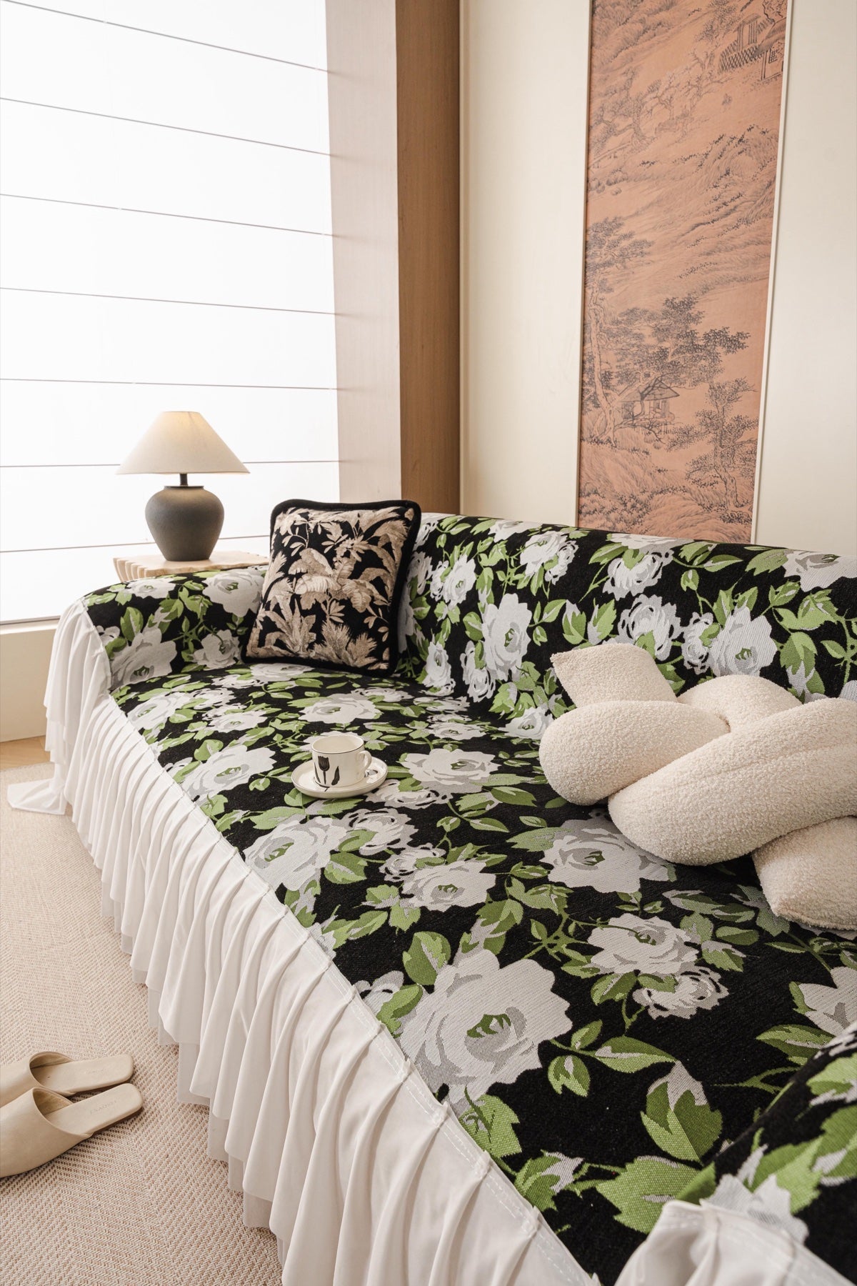Sofa Decor Camellia Skirted Floral Sofa Throw Cover in Midnight Floral - styled skirted sofa throw for floral sofa throw covers in the UK