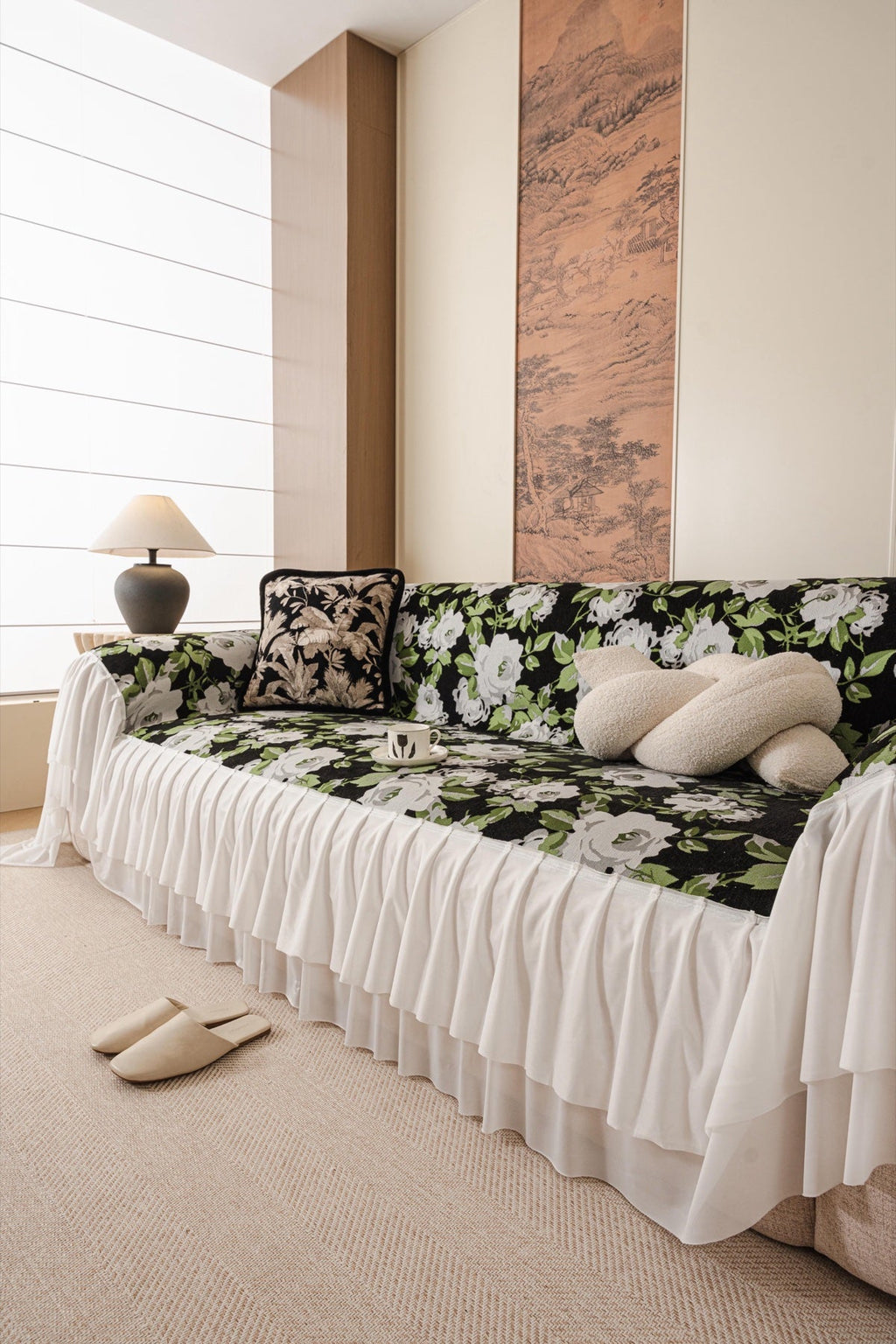 Sofa Decor Camellia Skirted Floral Sofa Throw Cover in Midnight Floral - styled skirted sofa throw for floral sofa throw covers in the UK