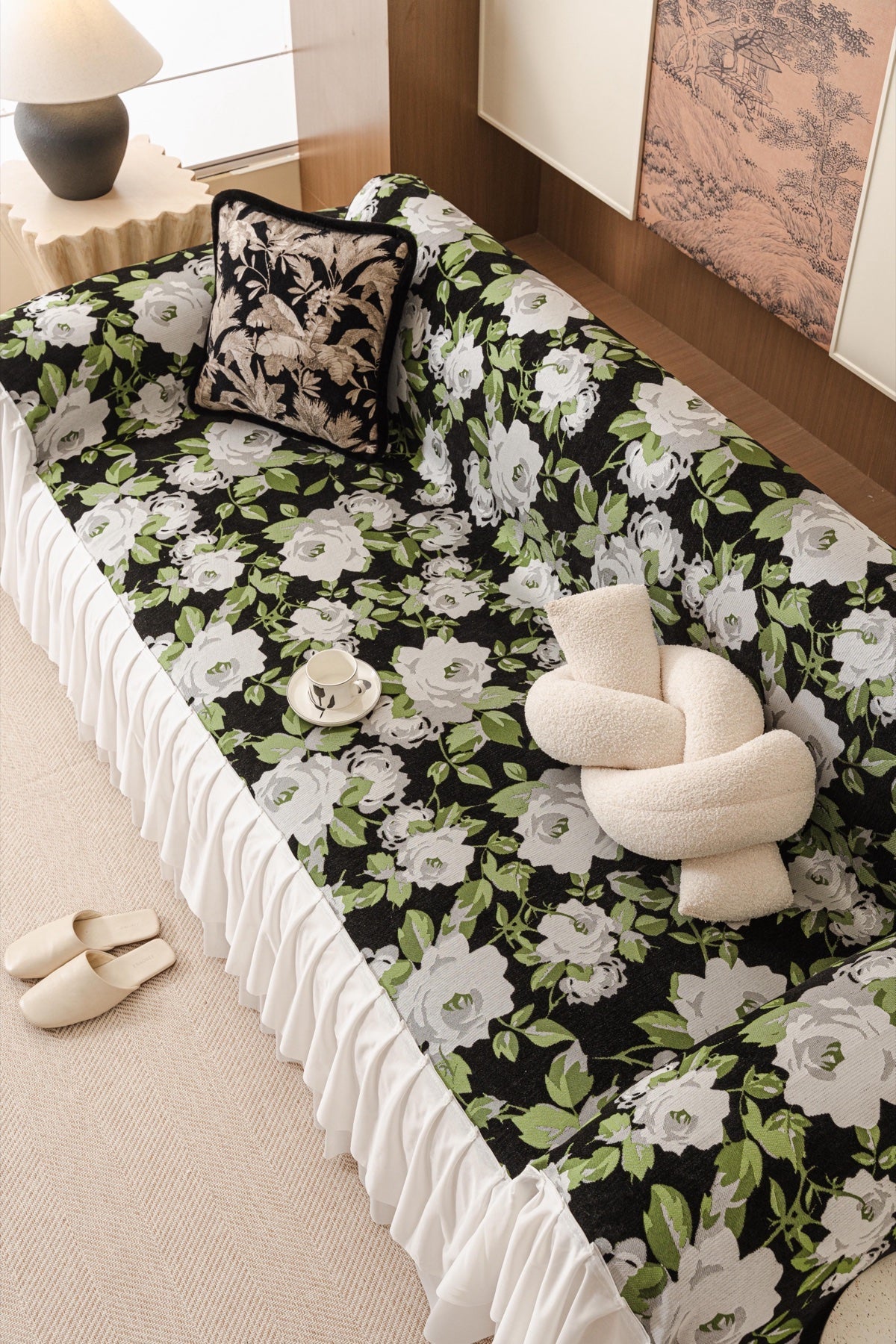 Sofa Decor Camellia Skirted Floral Sofa Throw Cover in Midnight Floral - top sofa fit view for floral sofa throw covers in the UK