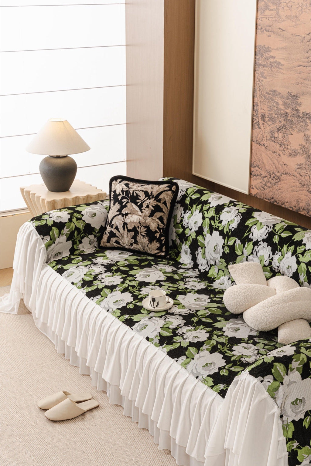 Sofa Decor Camellia Skirted Floral Sofa Throw Cover in Midnight Floral - styled skirted sofa throw for floral sofa throw covers in the UK