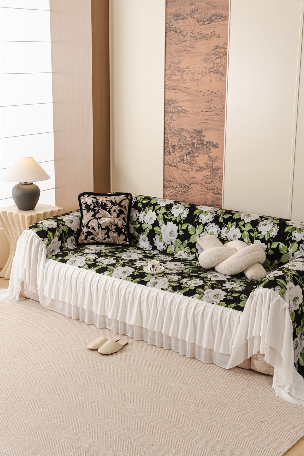 Sofa Decor Camellia Skirted Floral Sofa Throw Cover in Midnight Floral - styled skirted sofa throw for floral sofa throw covers in the UK