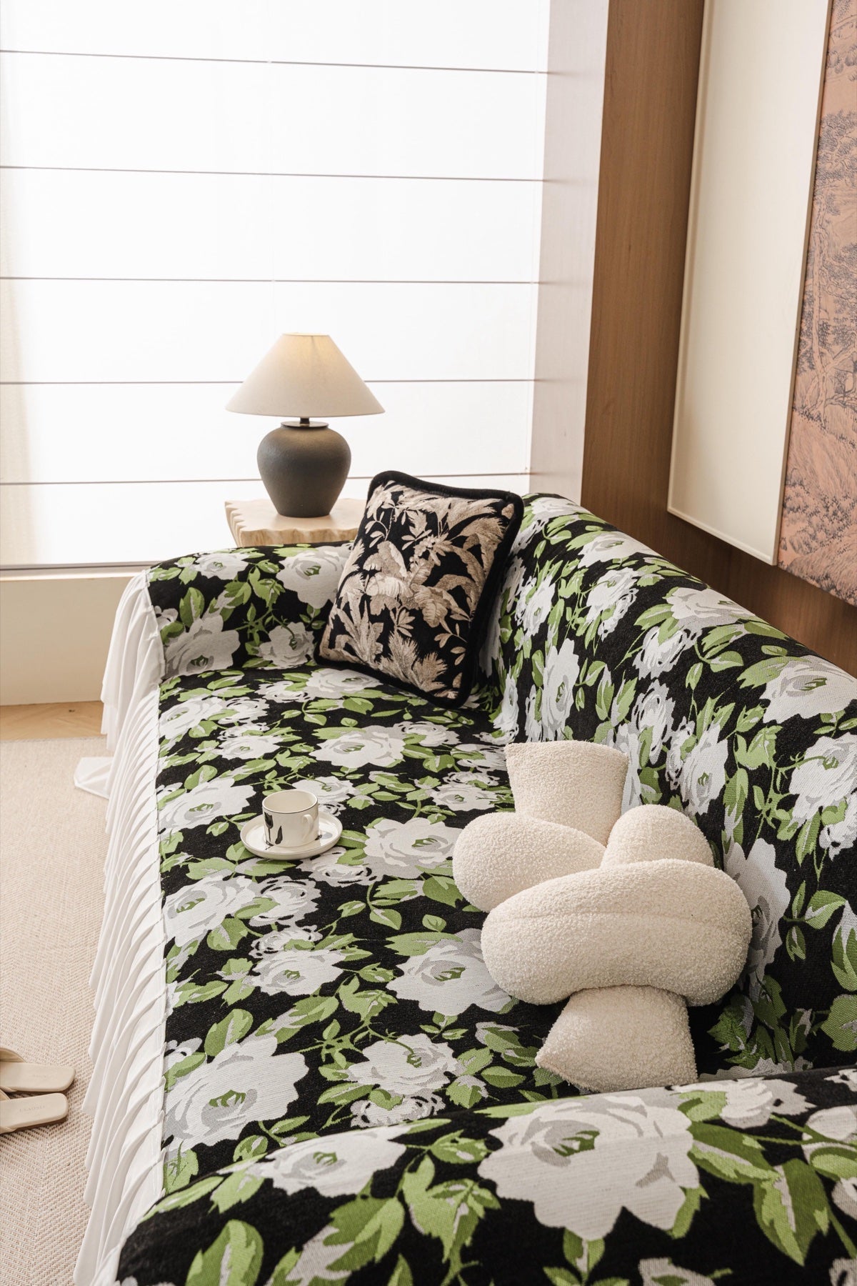 Sofa Decor Camellia Skirted Floral Sofa Throw Cover in Midnight Floral - top sofa fit view for floral sofa throw covers in the UK