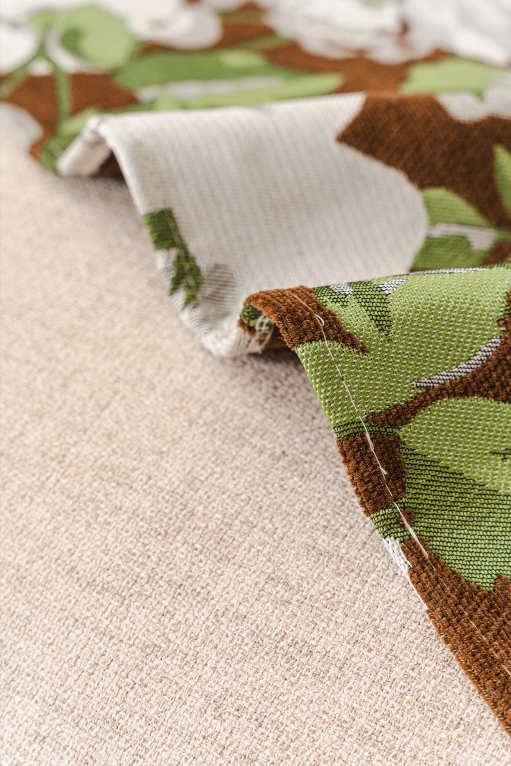 Sofa Decor Camellia Skirted Floral Sofa Throw Cover in Olive Cocoa Floral - floral fabric and skirt edge detail for floral sofa throw covers in the UK