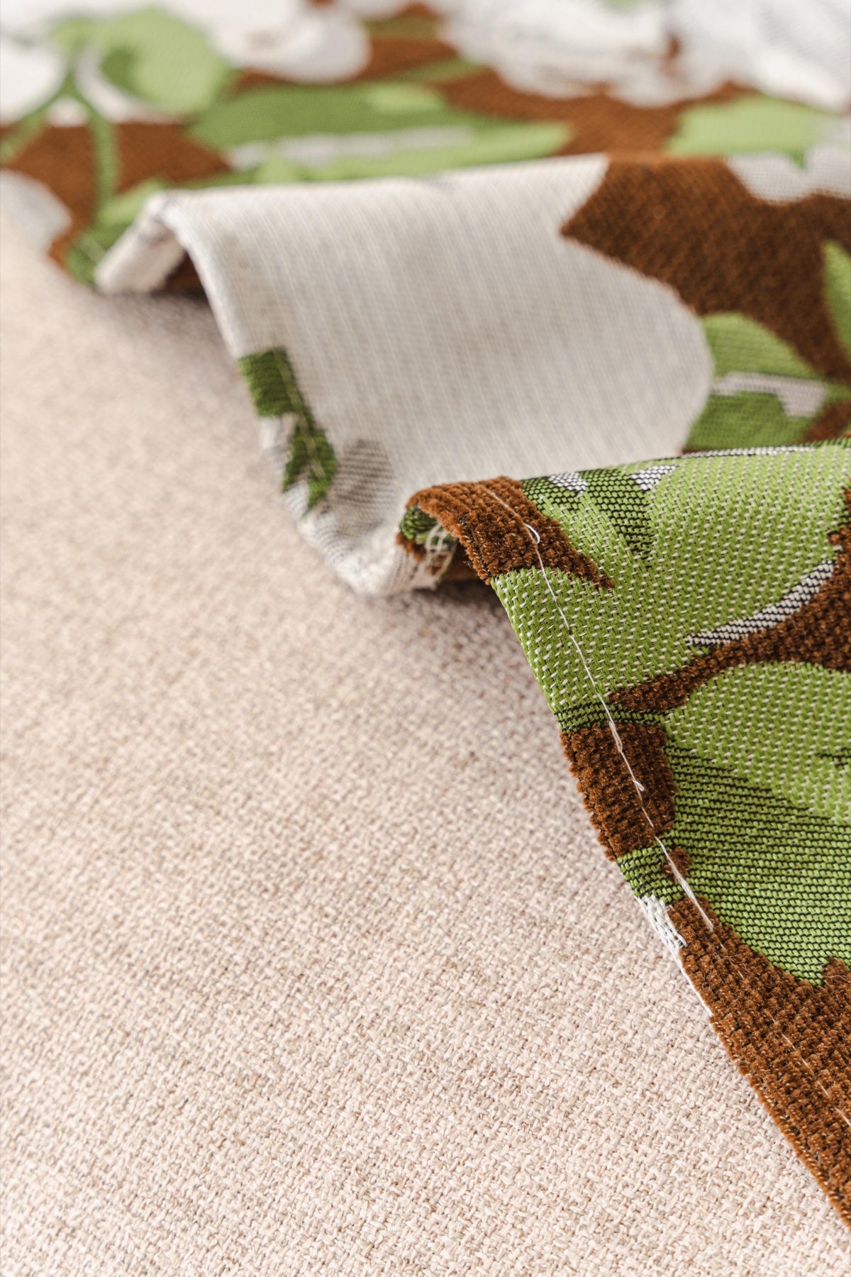 Sofa Decor Camellia Skirted Floral Sofa Throw Cover in Olive Cocoa Floral - floral fabric and skirt edge detail for floral sofa throw covers in the UK