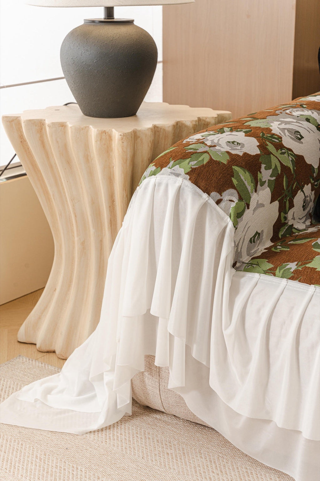 Sofa Decor Camellia Skirted Floral Sofa Throw Cover in Olive Cocoa Floral - side skirt drape detail for floral sofa throw covers in the UK