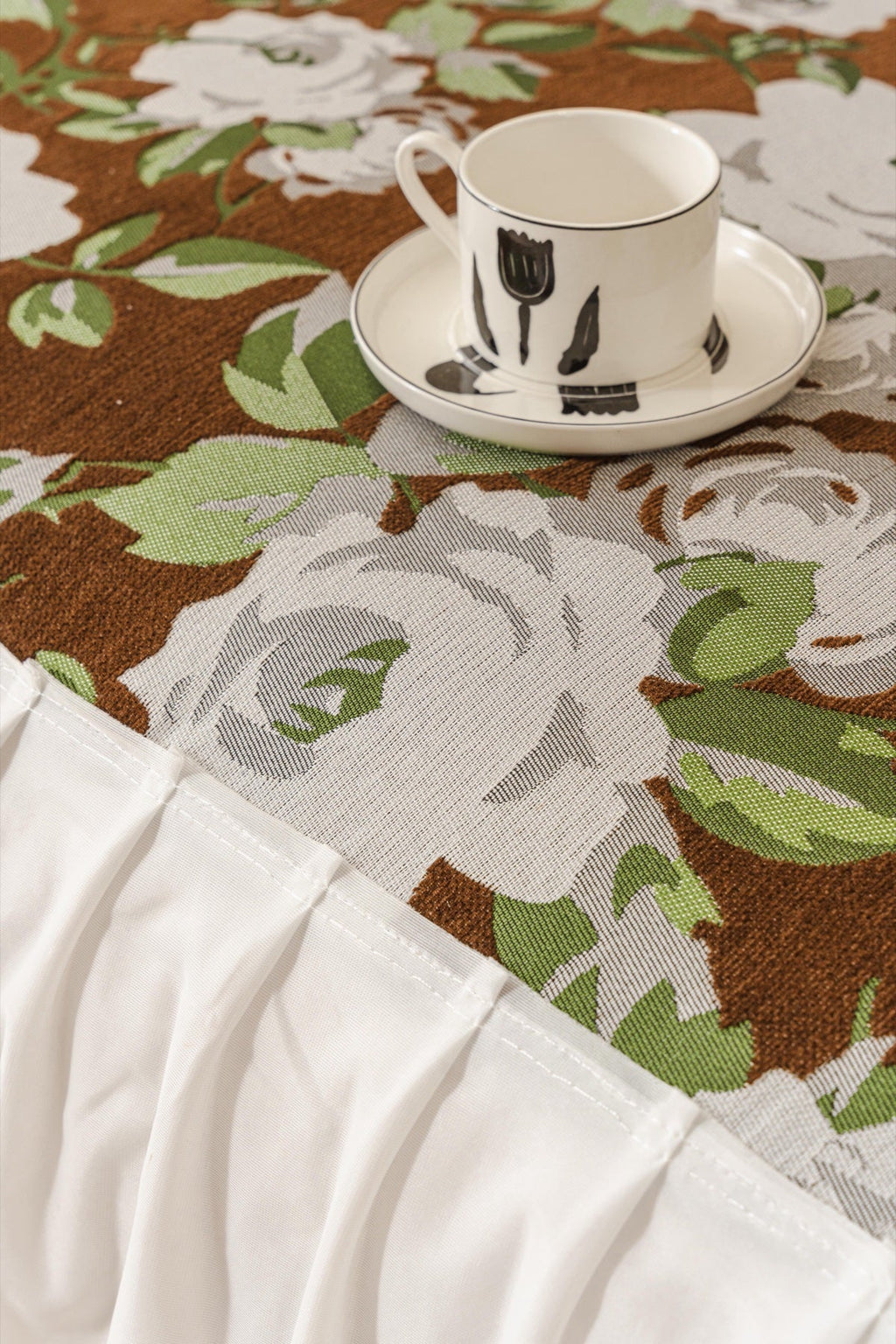 Sofa Decor Camellia Skirted Floral Sofa Throw Cover in Olive Cocoa Floral - floral fabric and skirt edge detail for floral sofa throw covers in the UK
