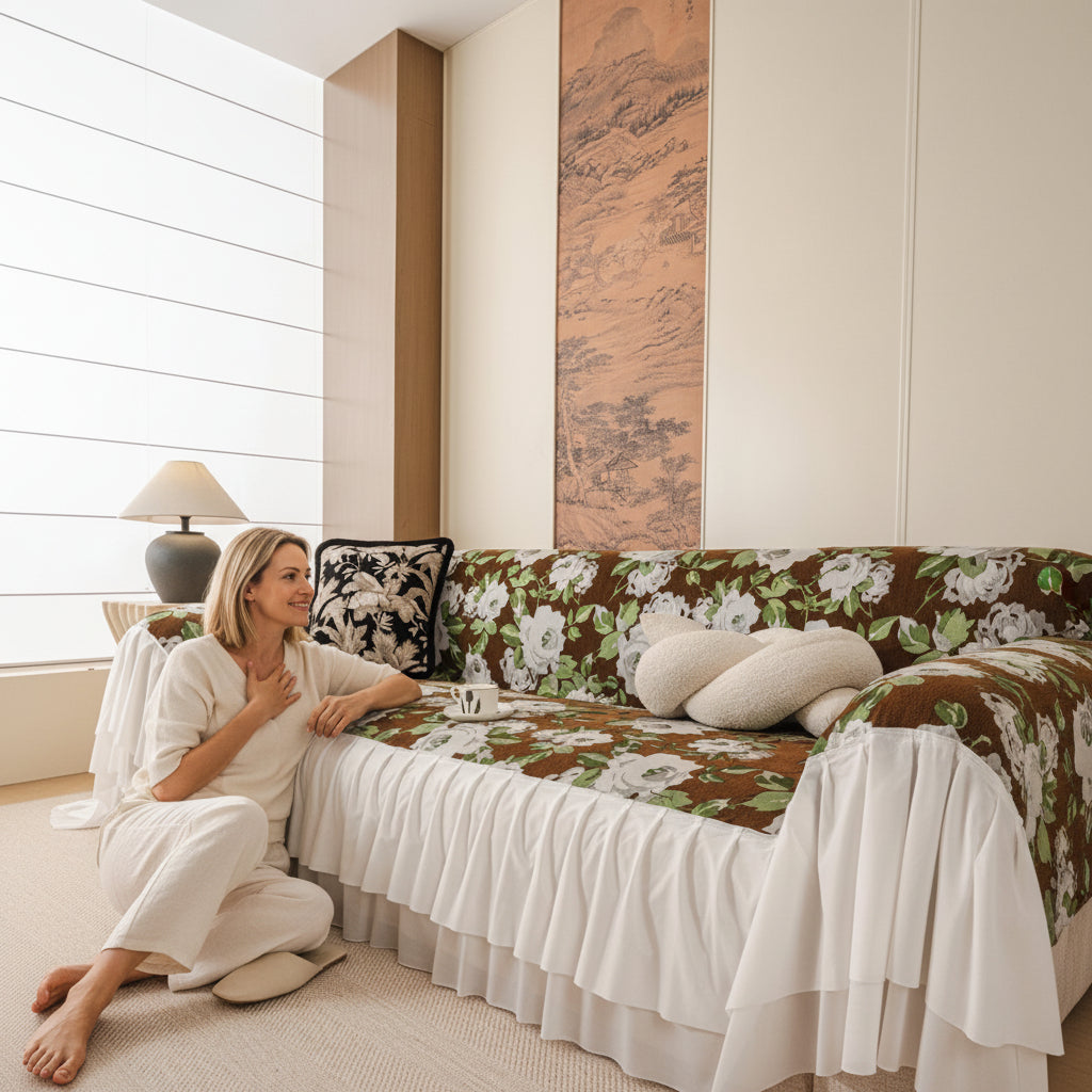 Sofa Decor Camellia Skirted Floral Sofa Throw Cover in Olive Cocoa Floral - styled skirted sofa throw for floral sofa throw covers in the UK