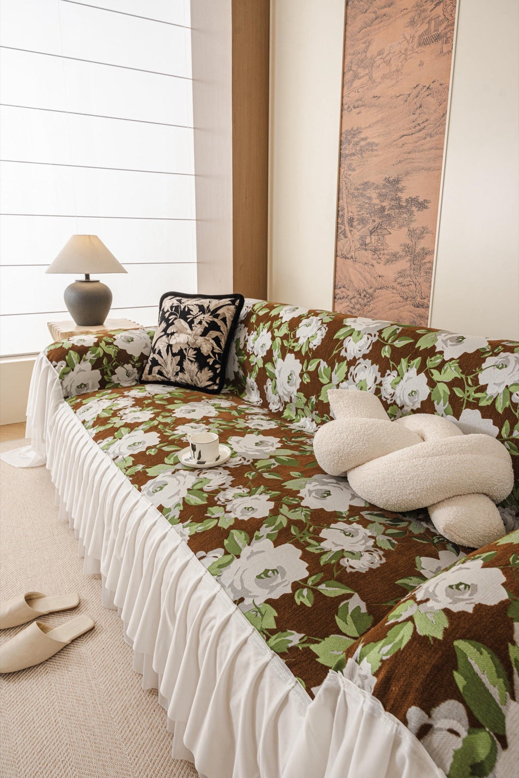 Sofa Decor Camellia Skirted Floral Sofa Throw Cover in Olive Cocoa Floral - styled skirted sofa throw for floral sofa throw covers in the UK