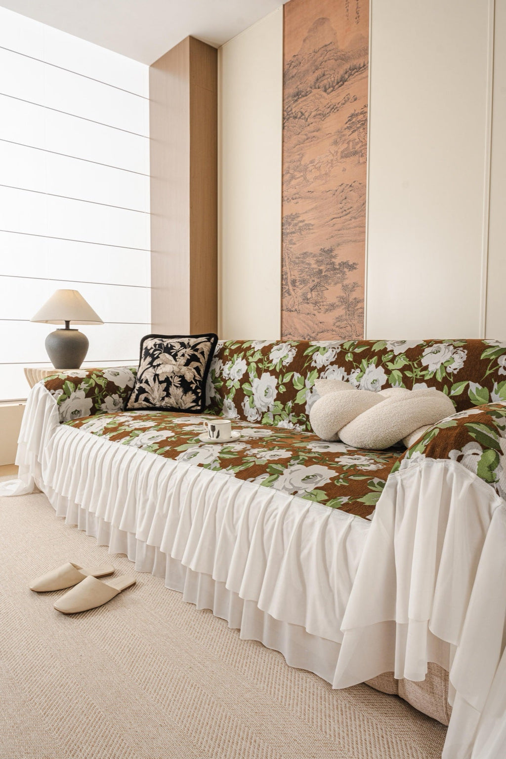 Sofa Decor Camellia Skirted Floral Sofa Throw Cover in Olive Cocoa Floral - styled skirted sofa throw for floral sofa throw covers in the UK