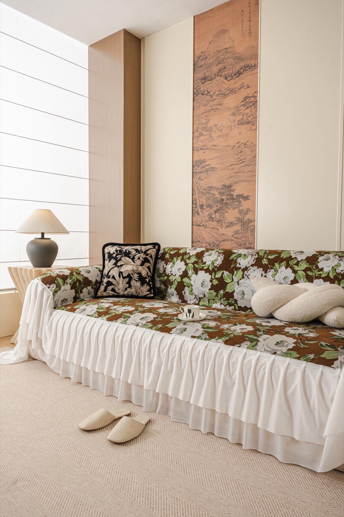 Sofa Decor Camellia Skirted Floral Sofa Throw Cover in Olive Cocoa Floral - styled skirted sofa throw for floral sofa throw covers in the UK