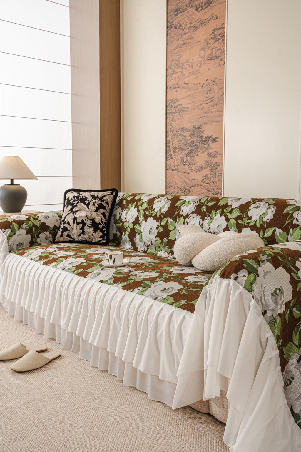 Sofa Decor Camellia Skirted Floral Sofa Throw Cover in Olive Cocoa Floral - styled skirted sofa throw for floral sofa throw covers in the UK