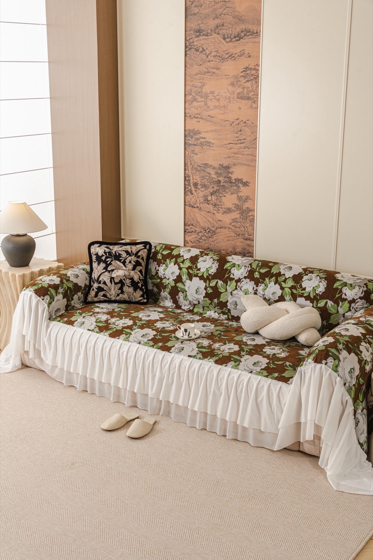 Sofa Decor Camellia Skirted Floral Sofa Throw Cover in Olive Cocoa Floral - styled skirted sofa throw for floral sofa throw covers in the UK