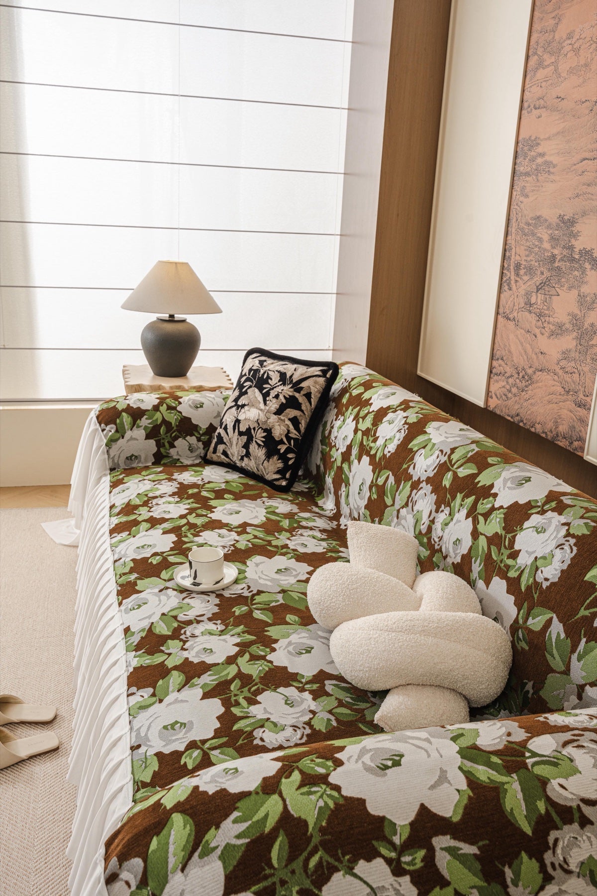Sofa Decor Camellia Skirted Floral Sofa Throw Cover in Olive Cocoa Floral - top sofa fit view for floral sofa throw covers in the UK