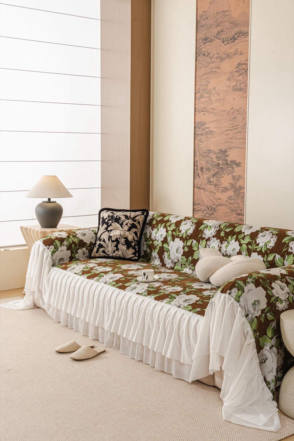 Sofa Decor Camellia Skirted Floral Sofa Throw Cover in Olive Cocoa Floral - styled skirted sofa throw for floral sofa throw covers in the UK