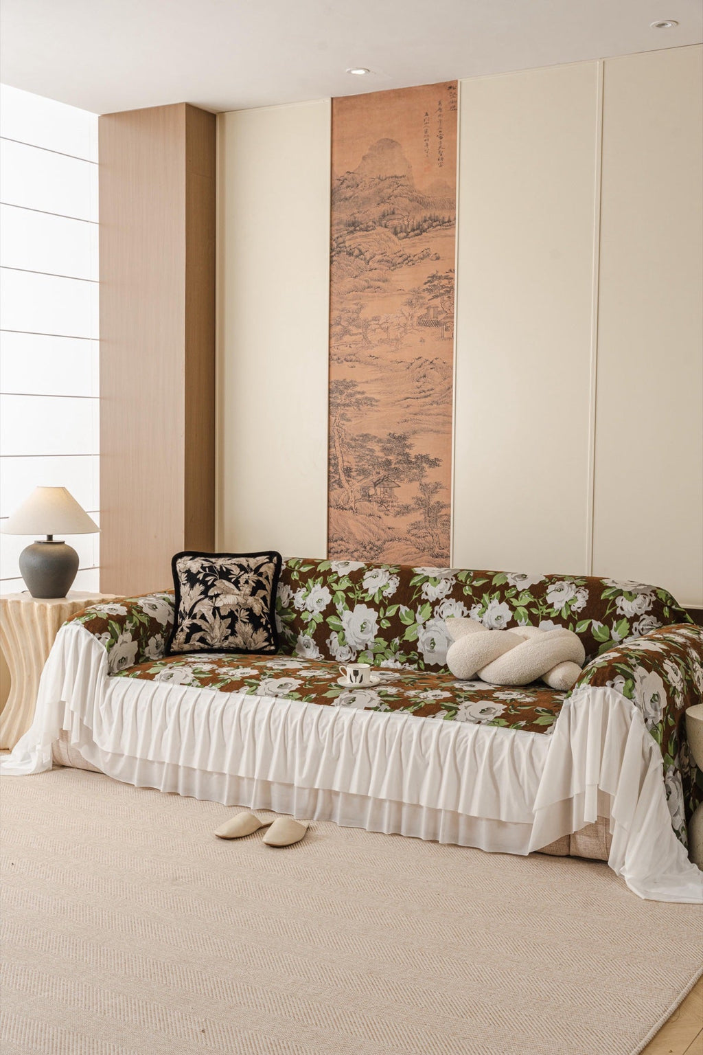 Sofa Decor Camellia Skirted Floral Sofa Throw Cover in Olive Cocoa Floral - styled skirted sofa throw for floral sofa throw covers in the UK
