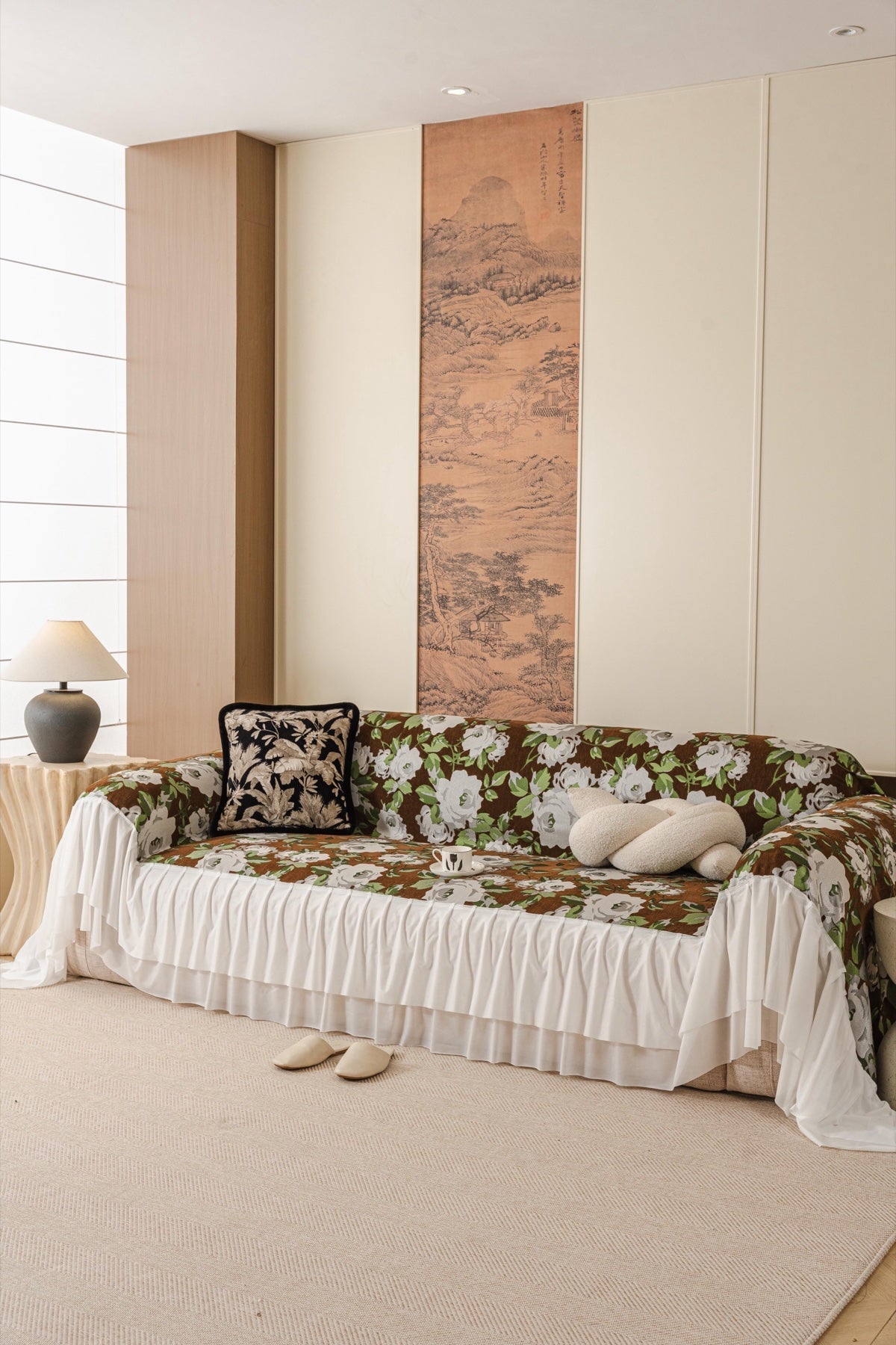 Sofa Decor Camellia Skirted Floral Sofa Throw Cover in Olive Cocoa Floral - styled skirted sofa throw for floral sofa throw covers in the UK