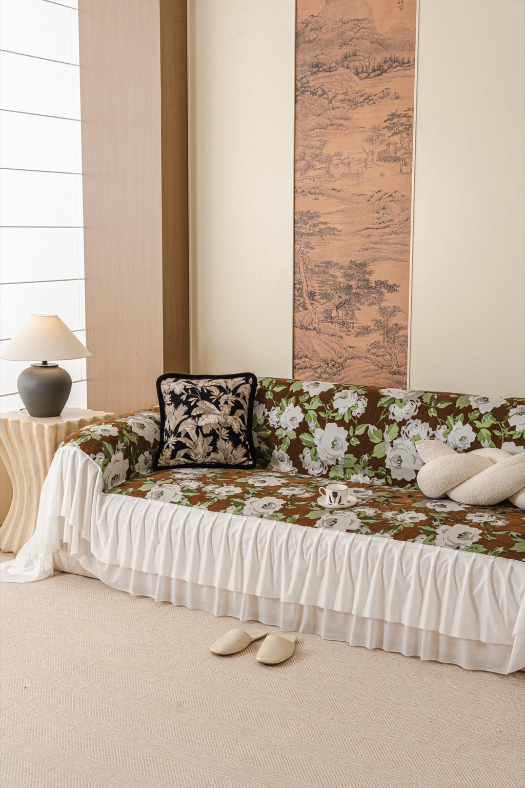 Sofa Decor Camellia Skirted Floral Sofa Throw Cover in Olive Cocoa Floral - styled skirted sofa throw for floral sofa throw covers in the UK