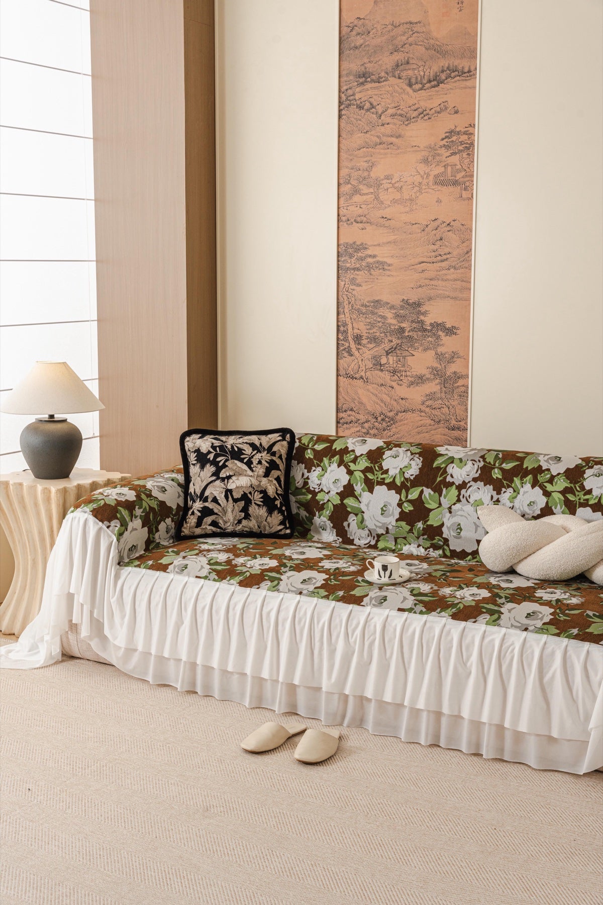 Sofa Decor Camellia Skirted Floral Sofa Throw Cover in Olive Cocoa Floral - styled skirted sofa throw for floral sofa throw covers in the UK