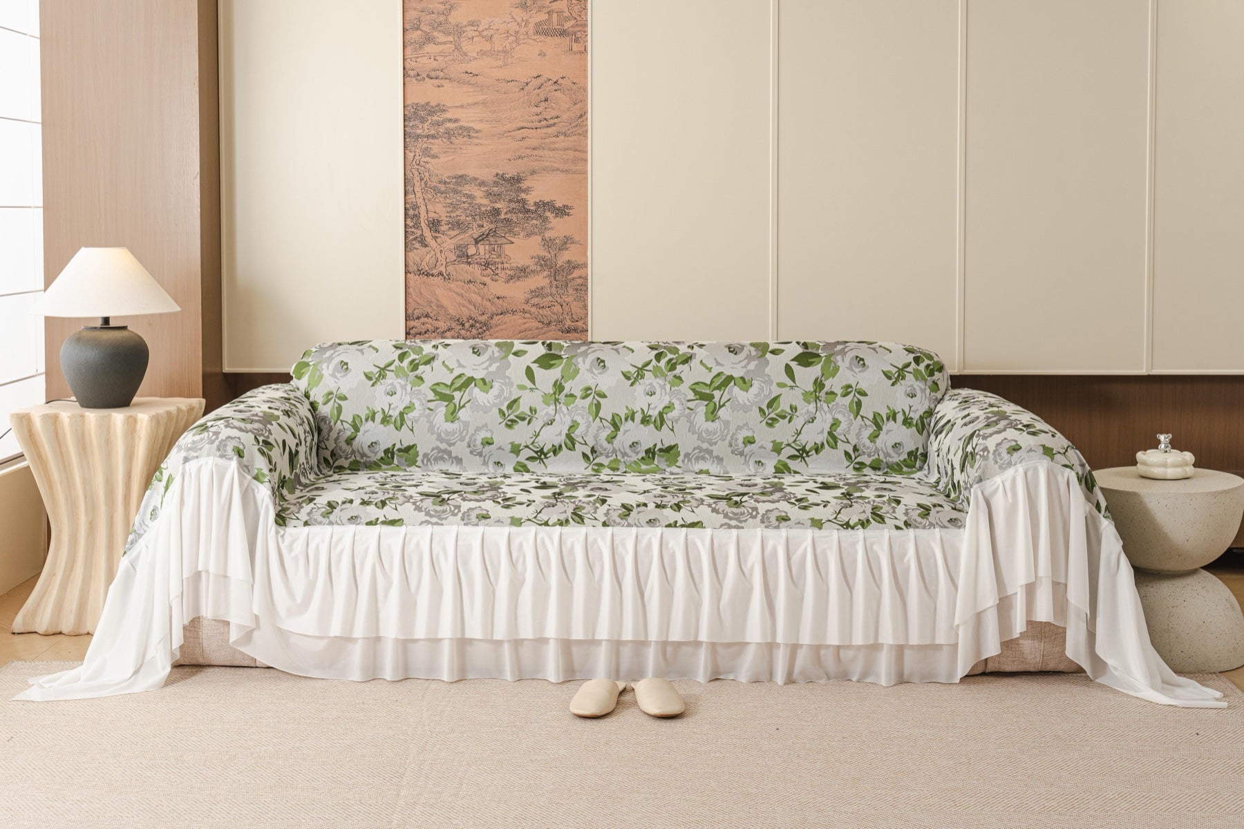 Sofa Decor Camellia Skirted Floral Sofa Throw Cover in Soft Sage Floral - front sofa fit view for floral sofa throw covers in the UK