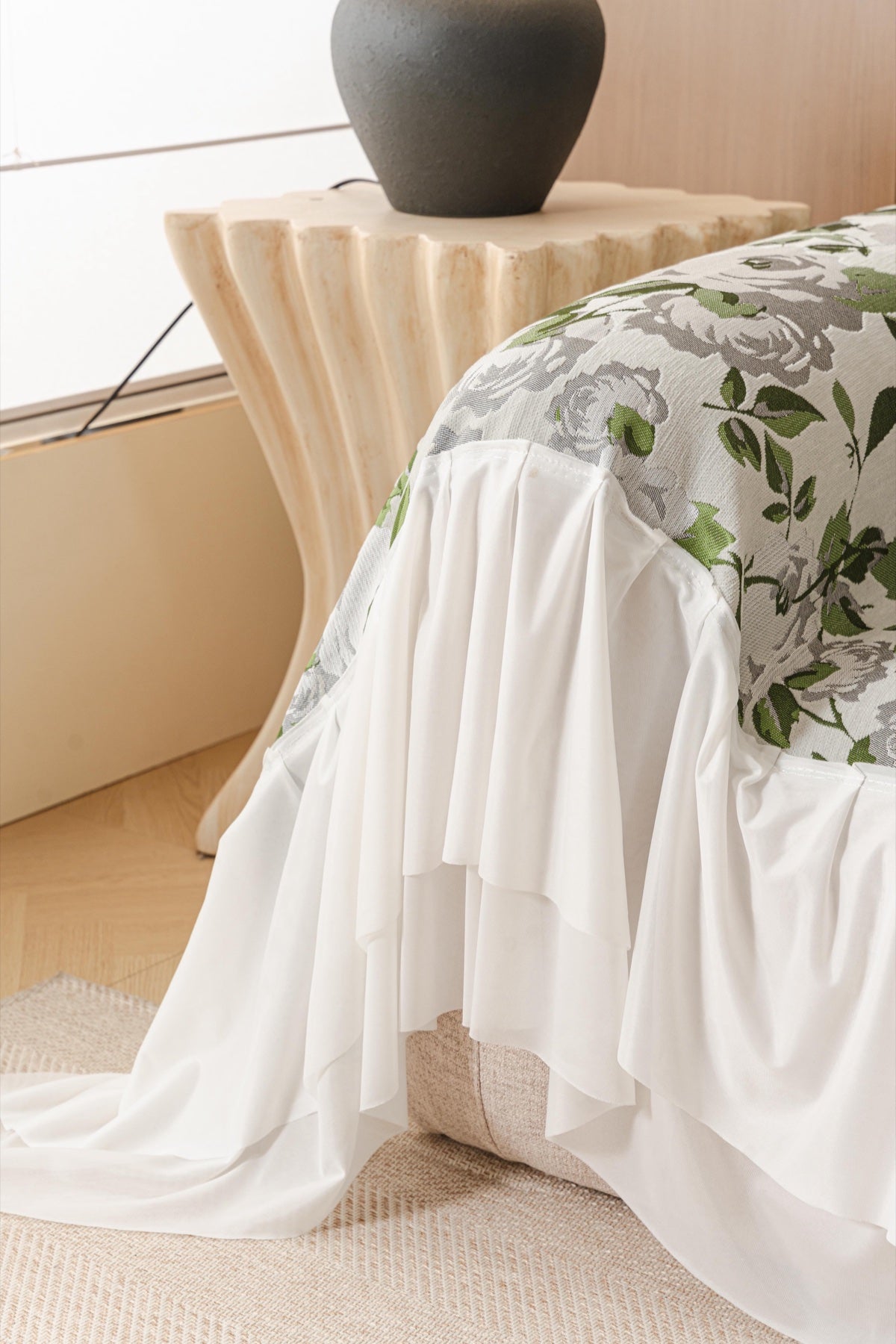 Sofa Decor Camellia Skirted Floral Sofa Throw Cover in Soft Sage Floral - side skirt drape detail for floral sofa throw covers in the UK