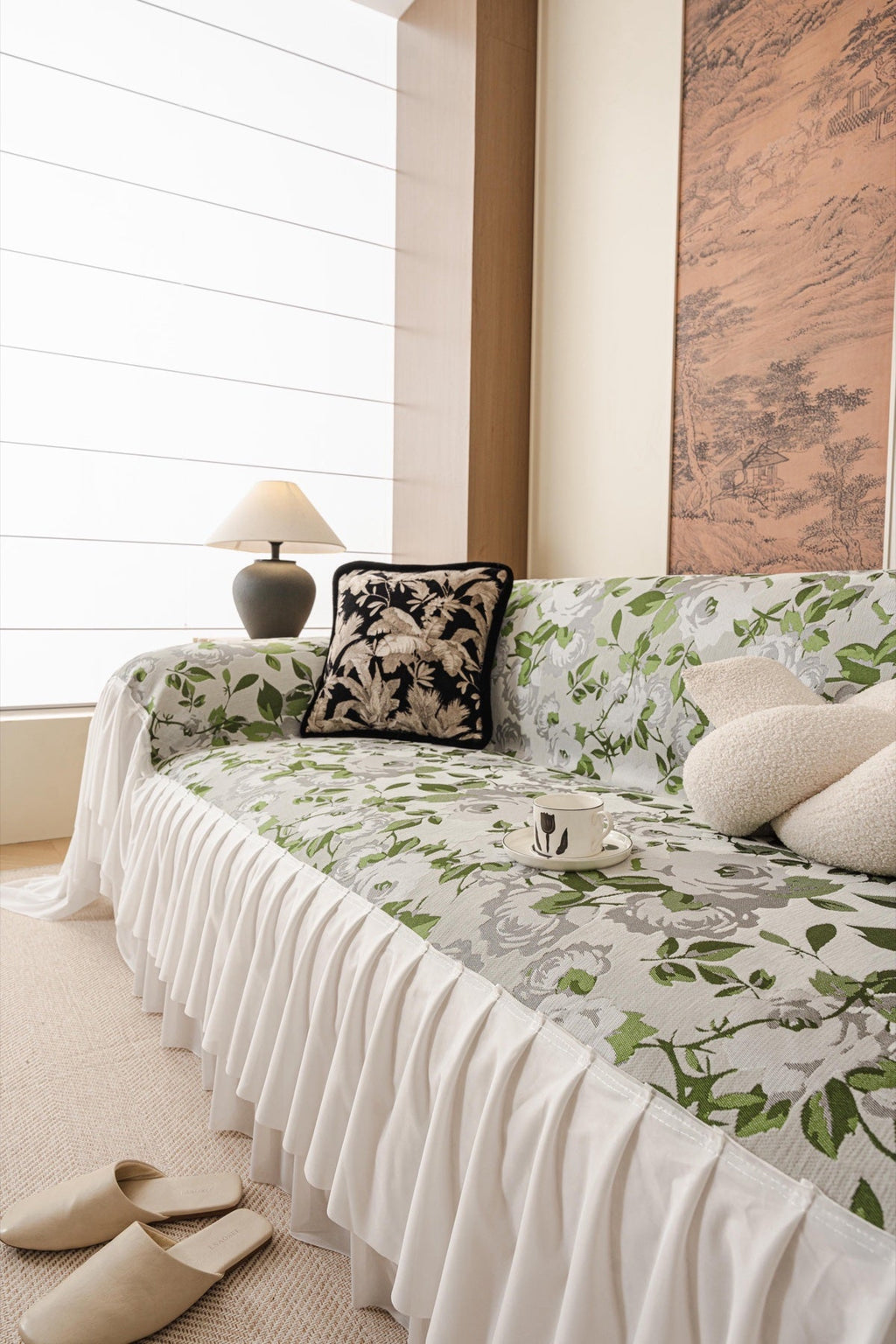 Sofa Decor Camellia Skirted Floral Sofa Throw Cover in Soft Sage Floral - styled skirted sofa throw for floral sofa throw covers in the UK