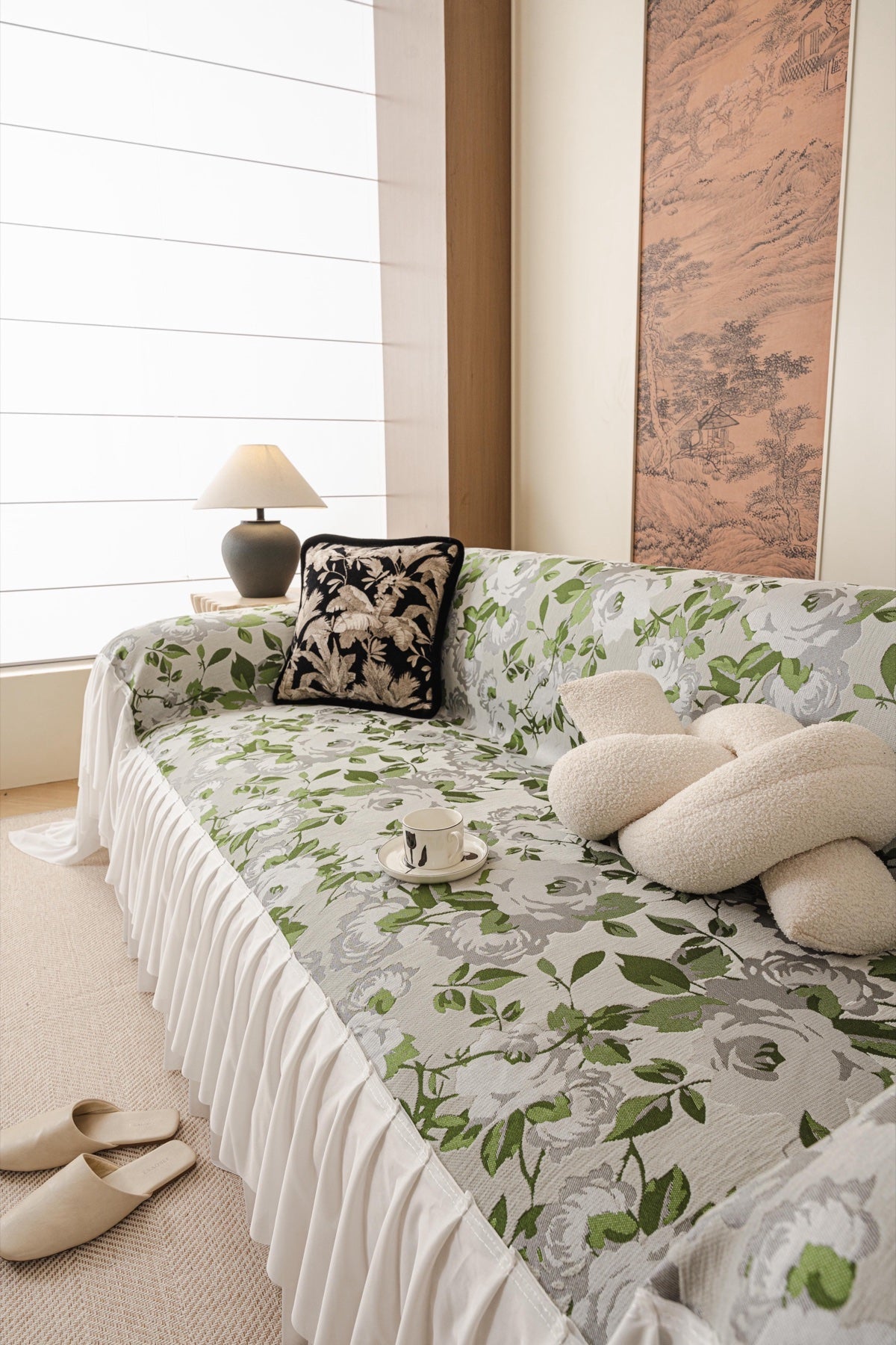 Sofa Decor Camellia Skirted Floral Sofa Throw Cover in Soft Sage Floral - styled skirted sofa throw for floral sofa throw covers in the UK