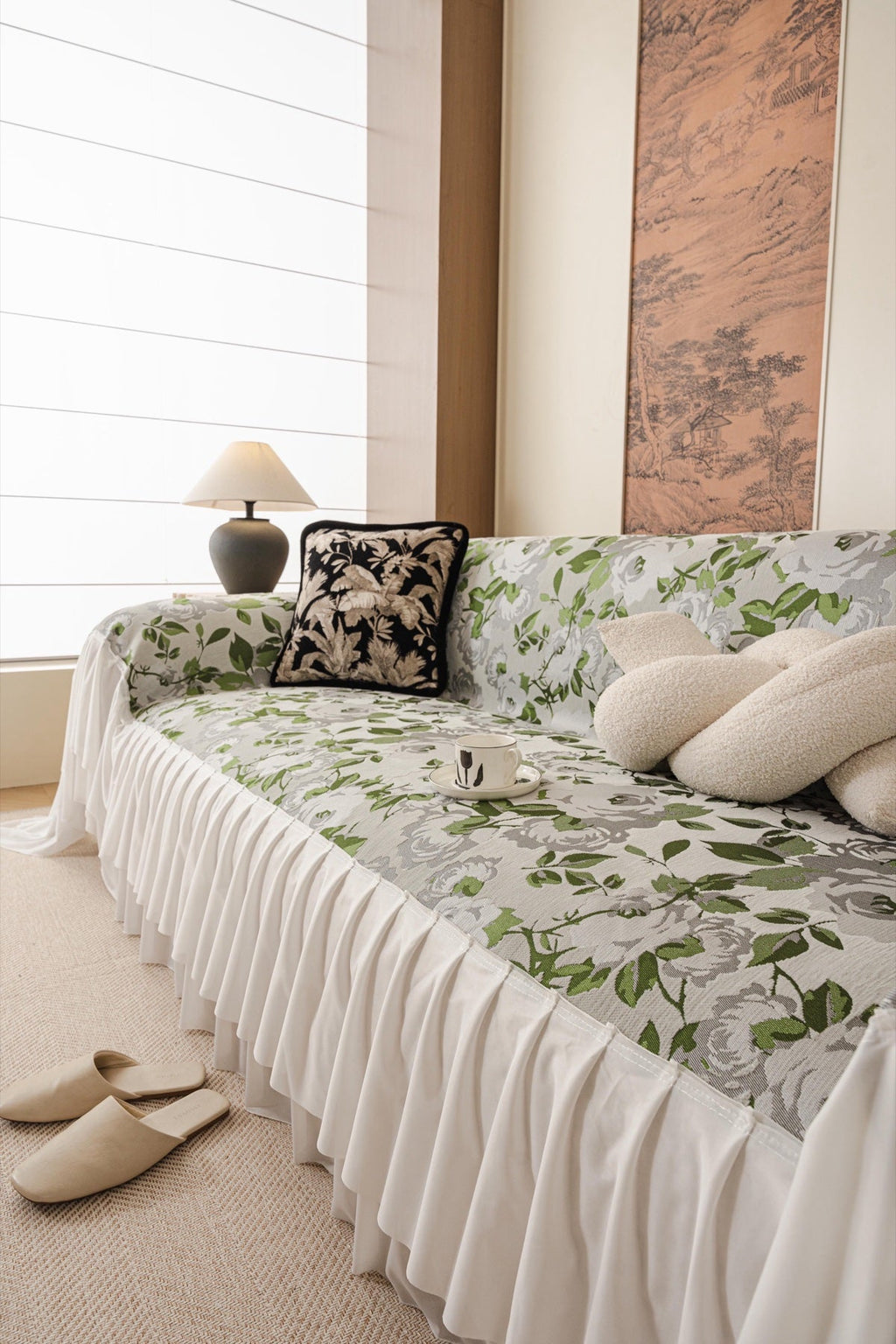 Sofa Decor Camellia Skirted Floral Sofa Throw Cover in Soft Sage Floral - styled skirted sofa throw for floral sofa throw covers in the UK