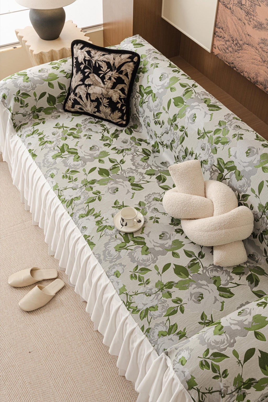 Sofa Decor Camellia Skirted Floral Sofa Throw Cover in Soft Sage Floral - top sofa fit view for floral sofa throw covers in the UK